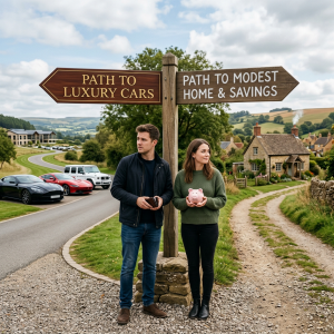 Couple at signpost pointing to luxury cars and modest home savings paths, holding wallet and piggy bank