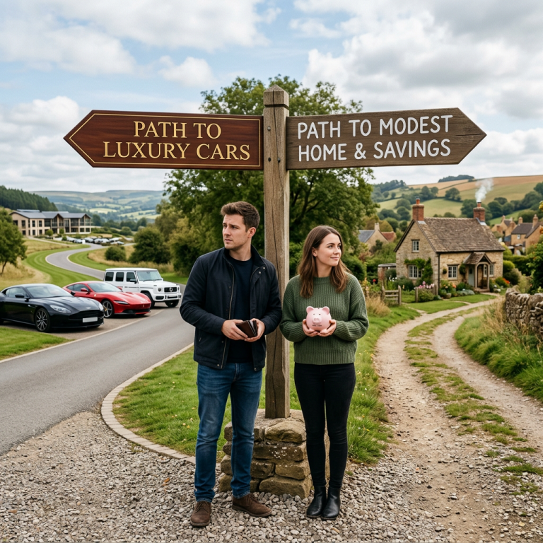 Couple at signpost pointing to luxury cars and modest home savings paths, holding wallet and piggy bank